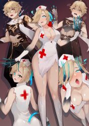  aether_(genshin_impact) bare_legs blonde_hair blue_eyes breast_expansion cleavage collarbone genshin_impact gloves glowing_eyes gradient_background hair_covering_one_eye heart hypnotic_drug identity_swap injection long_nails malesub needle nurse open_mouth sequence short_hair shrunken_irises simple_background standing tongue tongue_out torn_clothes transformation transgender yellow_eyes zi_ran 