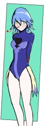  alternate_costume anti-aqua aqua_(kingdom_hearts) arms_behind_back bare_legs blue_hair blush corruption costume disney eye_color_change female_only femsub green_background grey_hair hair_color_change heart illumina kingdom_hearts kingdom_hearts_3 kingdom_hearts_birth_by_sleep legs leotard multicolored_hair short_hair simple_background smile solo square_enix symbol thighs yellow_eyes 