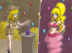  before_and_after blonde_hair genie long_hair mythkaz original princess_caelia_(kachopper9) tagme transformation 