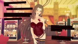  alternate_costume blue_eyes blush breasts brown_hair bunny_ears bunnysuit cleavage cyanstargazer english_text fake_animal_ears forced_employee koikatsu! light_skin limbus_company long_hair open_mouth rodion_(limbus_company) text 