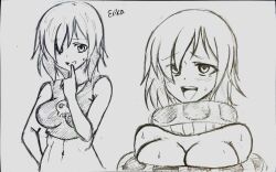 coils empty_eyes erika_(er-ikaa) femsub greyscale hair_covering_one_eye happy_trance midriff monochrome multicolored_hair myuk open_mouth original piercing short_hair sketch snake sweat tank_top tongue tongue_out traditional