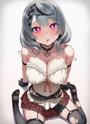  arm_bands ayanagi bangs belt black_hair blush breasts chloe_sakamata cleavage clothed collar collarbone drool earrings empty_eyes expressionless female_only femsub fingerless_gloves garter_straps gloves glowing_eyes grey_hair hair_clips heart hololive kneeling large_breasts looking_at_viewer multicolored_hair nail_polish open_mouth pink_eyes short_hair simple_background skirt solo sweat thighhighs torn_clothes virtual_youtuber 