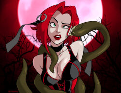  artist_request bloodrayne bondage brain_injection choker cleavage clothed collarbone crossed_eyes cum_in_ear eye_roll femsub green_eyes hair_ornament large_breasts lipstick makeup night outdoors red_hair red_lipstick restrained short_hair tentacles vampire western 