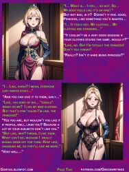  absurdres ai_art altered_common_sense before_and_after bimbofication black_eyes blonde_hair blue_eyes breast_expansion caption choker cleavage collarbone comic crown dialogue garter_straps gregory_michelson_(generator) large_breasts lingerie open_mouth princess standing text 