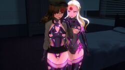  3d bare_shoulders bed bedroom black_lipstick blonde_hair breasts brown_eyes brown_hair cleavage_cutout collar control_indicator cosplay crotch_cutout crotch_tattoo custom_maid_3d_2 eyeshadow fangs female_only femsub fishnets glasses gloves happy_trance hat jacket leotard li_q lipstick long_hair makeup multiple_girls multiple_subs nipple_cutout nipple_piercing nipples opera_gloves original piercing skirt skirt_lift taimanin_(series) tattoo text thigh_boots thighhighs underboob 
