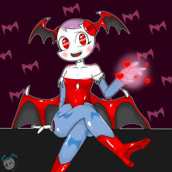 bare_shoulders breasts capcom cleavage collarbone crisisaura crossed_legs darkstalkers heart high_heels jenny_wakeman large_breasts leotard lilith_aensland my_life_as_a_teenage_robot nickelodeon red_eyes robot robot_girl smile thighs wings