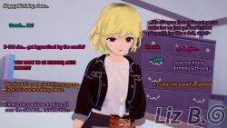  3d accidental_hypnosis bedroom birthday blonde_hair cake candle dialogue drool empty_eyes english_text female_only femsub flame heavy_eyelids hypnotic_fire jacket koikatsu! liz_(liz_b) liz_b mole night open_mouth orange_eyes original text watermark 