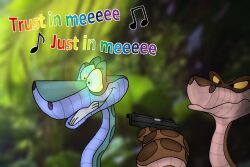  black_eyes disney dual_persona english_text glowing_eyes gun humor hypnotic_eyes jungle kaa kaa_eyes male_only meme mspainter music open_mouth outdoors singing snake text the_jungle_book trees weapon yellow_sclera 