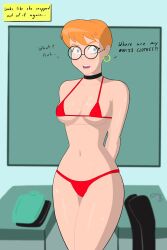  _a__b__ angry awakening bare_legs bare_shoulders bikini blackboard blue_eyes blush choker classroom comic confused dialogue drool earrings glasses haley_(_a__b__) midriff orange_hair original pendulum short_hair sweat text thick_thighs trance_break unaware undressing_command wide_hips 