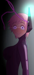  bodysuit cables empty_eyes expressionless female_only femsub glowing_eyes gradient_background headphones latex looking_at_viewer original pink_hair rubber short_hair simple_background smile solo tears tech_control tight_clothing wires xxxx 
