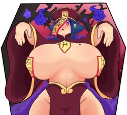  absurdres blue_hair breasts female_only femsub huge_breasts jiangshi kuna lr_mano mole open_mouth original pasties solo spiral_eyes symbol_in_eyes talisman text topless zombie_walk 