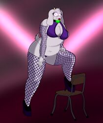 anouras chair chubby cleavage collar femsub fishnets furry goat_girl high_heels horns lipstick stripper tail toriel_dreemurr undertale unfocused_eyes wall_eyed