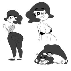  apopop ass bikini bikini_top black_hair breasts dazed happy_trance jack-o_pose large_ass large_breasts large_hips monochrome multiple_views original sally_(apopop) short_hair smile spiral_eyes symbol_in_eyes tongue tongue_out top-down_bottom-up white_skin 