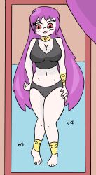  absurdres alternate_costume bare_legs barefoot blush body_swap bra cleavage costume donnothing23 eye_color_change feet female_pov goddess hand_on_hip large_breasts legs lipstick makeup mirror nail_polish original panties possession pov purple_hair reflection saint_seiya saori_kido shochi_(donnothing23) simple_background thighs very_long_hair white_background 