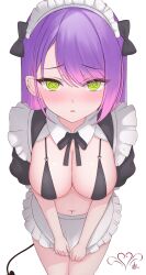 black_bra blush bow ch0c0maru dazed demon_girl earrings embarrassed female_only femsub green_eyes hololive looking_at_viewer maid maid_headdress navel_piercing piercing purple_hair signature spiral_eyes tagme tail topless towa_tokoyami virtual_youtuber white_background