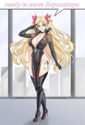 absurdres alternate_costume black_lipstick blonde_hair body_markings body_writing bodysuit breasts choker cleavage corporatification cosplay dialogue earrings english_text ereshkigal_(fate/grand_order) expressionless eye_color_change eyeshadow fate/grand_order fate_(series) female_only femdom femsub gloves high_heels jewelry knee-high_boots koyanskaya large_breasts latex lipstick looking_at_viewer makeup monowl23 opera_gloves saluting solo speech_bubble tattoo text thighs tight_clothing twintails very_long_hair yellow_eyes zipper