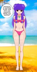 barefoot beach bikini breasts dialogue empty_eyes feet female_only femsub happy_trance hypnotic_accessory jimryu large_breasts long_hair maledom purple_hair ranma_1/2 shampoo_(ranma_1/2) solo standing standing_at_attention swimsuit text