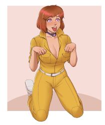  april_o&#039;neil blush bodysuit breasts cleavage collar collarbone dog_pose female_only femsub happy_trance hypnotic_accessory kneeling large_breasts orange_hair pet_play pink_eyes shoes short_hair simple_background solo spiral_eyes symbol_in_eyes tech_control teenage_mutant_ninja_turtles tongue tongue_out volt_crocodile 