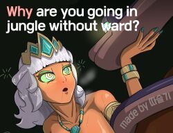 bottomless breasts coils dark_skin dazed dialogue disney drool femsub hypnotic_eyes kaa kaa_eyes large_breasts league_of_legends long_hair maledom nude open_mouth qiyana_(league_of_legends) snake text the_jungle_book topless white_hair
