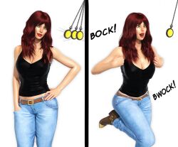  3d breasts chicken_pose cleavage crossed_eyes eye_roll female_only femsub green_eyes happy_trance jeans large_breasts marvel_comics mary_jane_watson midriff op-tron pendulum pet_play red_hair super_hero tank_top text western 
