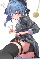  ass beret blue_eyes blue_hair blush confused dress embarrassed eru_(l_illust45) female_only femsub garter hair_ribbon hat hololive looking_at_viewer looking_back lying panties pendulum ponytail ribbon short_hair side_ponytail simple_background skirt skirt_lift solo spiral_eyes suisei_hoshimachi sweat symbol_in_eyes thighhighs underwear unhappy_trance v virtual_youtuber white_background 