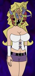  blonde_hair breasts cleavage femsub large_breasts liquidphazon long_hair mai_valentine mask mask_of_remnants midriff possession shorts standing standing_at_attention yu-gi-oh! 