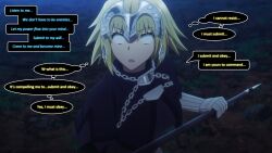  aliensdideverything_(manipper) blonde_hair dazed dialogue fate/apocrypha fate/grand_order fate_(series) female_only femsub jeanne_d&#039;arc_(fate) manip open_mouth speech_bubble text thought_bubble whitewash_eyes 