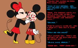 artist_request blush caption disney dragonboy618_(manipper) empty_eyes femdom furry gloves happy_trance high_heels hypnotic_kiss kissing lipstick lipstick_mark malesub manip mickey_mouse minnie_mouse mouse_boy mouse_girl smile text topless