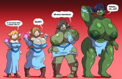  absurdres before_and_after bottomless brain_drain breast_expansion breasts elf_ears female_only femsub green_skin huge_breasts large_breasts magic muscle_girl nude open_clothes orc orc_girl original prinnydood text topless transformation 