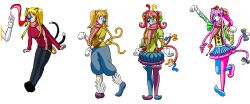 absurdres blonde_hair bow_tie brown_eyes clown clown_girl empty_eyes female_only gloves happy_trance lightning_yakumo long_hair multicolored_eyes open_mouth orange_hair original pink_eyes pink_hair rainbow_eyes red_hair scarf skirt smile standing tf-circus tongue transformation