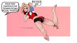 ahegao animated animated_gif ass consensual dc_comics fart feet female_only femsub happy_trance harley_quinn legs manip scat source_request speech_bubble text thighs