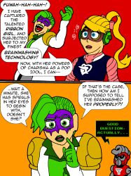absurdres arms blonde_hair breasts comic dialogue dr._coyle expressionless femdom femsub green_eyes green_hair humor large_breasts long_hair mask nintendo open_mouth ponytail ribbon_girl robot silver spiral_eyes springtron symbol_in_eyes text