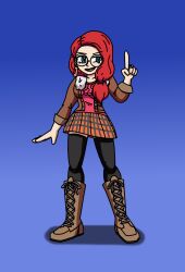  blue_eyes boots coat earrings glasses high_heels nerd original red_hair skirt supertechno324 