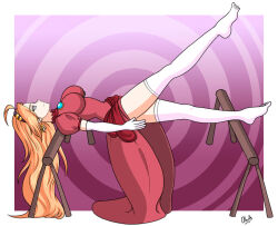  ahoge alerith blonde_hair border breasts catalepsy clothed cosplay dress earrings eyebrows_visible_through_hair female_only femsub gloves gradient_background happy_trance legs legs_up long_hair opera_gloves original princess_peach simple_background smile solo spiral_background spiralwash_eyes thighhighs thighs v-nettle_(nettleseeds) 