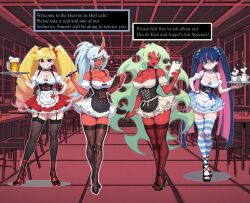    absurdres ai_art angel angel_girl apron beer blue_eyes blue_hair breasts choker cleavage corset demon_girl drill_hair english_text femsub frills green_eyes green_hair hair_ribbon high_heels horns kneesocks looking_at_viewer maid manip multicolored_hair multiple_girls panty panty_and_stocking_with_garterbelt phantom_(generator) phantom_(manipper) pink_hair ponytail red_skin ribbon scanty short_skirt sisters skirt smile spiral_eyes stocking striped_thighhighs symbol_in_eyes tagme text thigh_gap thighhighs thighs tray twintails waitress 