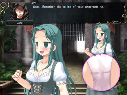 blue_eyes blue_hair blush cleavage emily_(slaver&#039;s_quest) empty_eyes femsub happy_trance jack_(slaver&#039;s_quest) maledom open_mouth panties preview screenshot slaver&#039;s_quest smile text underwear video_game xenon3131_mc