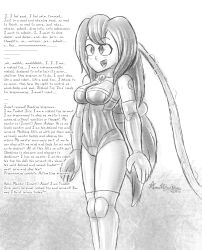  ameerashourdraws bodysuit brown_hair drone fembot femsub happy_trance iris_(megaman_x) latex mantra megaman_(series) megaman_x_(series) monochrome robot robot_girl sketch standing standing_at_attention tagme text wires 