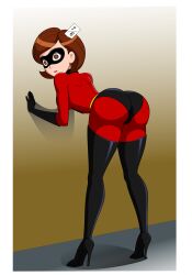  against_wall ass bent_over bodysuit brown_eyes brown_hair card elastigirl empty_eyes expressionless eye_mask female_only femsub gloves helen_parr high_heels jimryu looking_back mask milf open_mouth opera_gloves short_hair solo super_hero the_incredibles thigh_boots 
