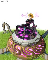 abscord absurdres ball_gag blindfold blonde_hair blush bodysuit breasts breath breath_of_the_wild chastity collar drool elf elf_ears female_only femsub gag heart latex love nintendo princess_zelda restrained rubber sex_machine short_hair simple_background solo spread_legs text the_legend_of_zelda tight_clothing trembling vaginal watermark white_background