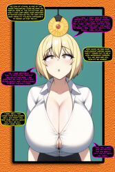  ai_art bangs blonde_hair blush breasts brown_eyes cleavage coin collarbone dazed dialogue empty_eyes enemy_conversion eyebrows_visible_through_hair femsub huge_breasts maledom manip office_lady open_mouth original pendulum short_hair shrunken_irises simple_background speech_bubble text tiechonortheal_(manipper) 