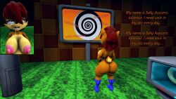 3d absurdres ass boots bottomless breasts brown_hair chipmunk_girl cuddlycarlos drool female_only femsub furry hypnotic_screen large_breasts mantra nude open_mouth sally_acorn solo sonic_the_hedgehog_(series) spiral_eyes symbol_in_eyes tech_control text topless