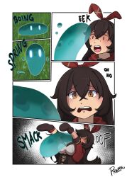  amber_(genshin_impact) brown_hair comic genshin_impact long_hair risunsfw slime tagme text 