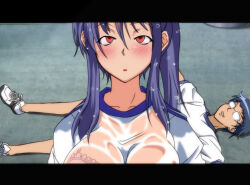 blue_hair breasts character_request crossed_eyes dazed empty_eyes eye_roll femsub glasses large_breasts lillytank_(manipper) maledom manip ponytail red_eyes spiral_eyes sweat symbol_in_eyes trigger wet_clothes
