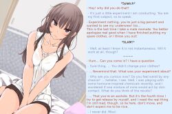 angry bed blush bra breasts brown_hair caption caption_only female_only femsub hypnotic_drug kneeling large_breasts long_hair manip mixibnorh_(manipper) original potion school_uniform see-through skirt solo text touma_kisa underwear unhappy_trance wet_clothes