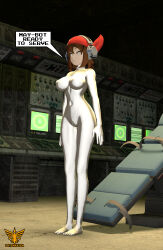  3d absurdres barefoot bodysuit breasts brown_hair femsub graybot large_breasts latinkaixa may nintendo pokemon pokemon_ruby_sapphire_and_emerald source_filmmaker tech_control text 