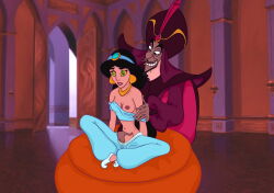 aladdin_(series) black_hair breast_grab breasts clothed_exposure disney drachenberg erect_nipples evil_smile expressionless femsub fingering groping harem_outfit jafar kaa_eyes large_breasts maledom one_breast_out princess princess_jasmine sitting smile spread_legs topless western