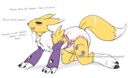 age_regression all_fours brain_drain craymin diaper digimon drool furry happy_trance renamon tongue tongue_out urination white_background