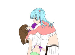 bangs blue_eyes blue_hair brain_injection breasts brown_hair censored cum drool empty_eyes eye_roll femsub futa_with_female futadom futanari midriff open_mouth original oyukiri-daifuku parasite shrunken_irises simple_background skirt small_breasts straight-cut_bangs tears tentacle_in_mouth tentacles twintails white_background