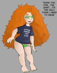  bottomless cait_(mr.h) curly_hair dazed dialogue exhibitionism femsub glasses glowing_eyes green_eyes happy_trance humor long_hair memetic_control mr.h nail_polish panties red_hair shirt smile text 