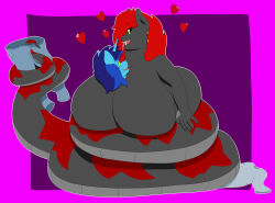  anguis_flake blue_hair breasts charlyc95 dial_liyon earrings femdom furry hair_covering_one_eye happy_trance head_in_breasts heart huge_breasts hypnotic_eyes malesub my_little_pony pants red_hair ring_eyes simple_background snake_girl tongue_out unicorn unicorn_boy 